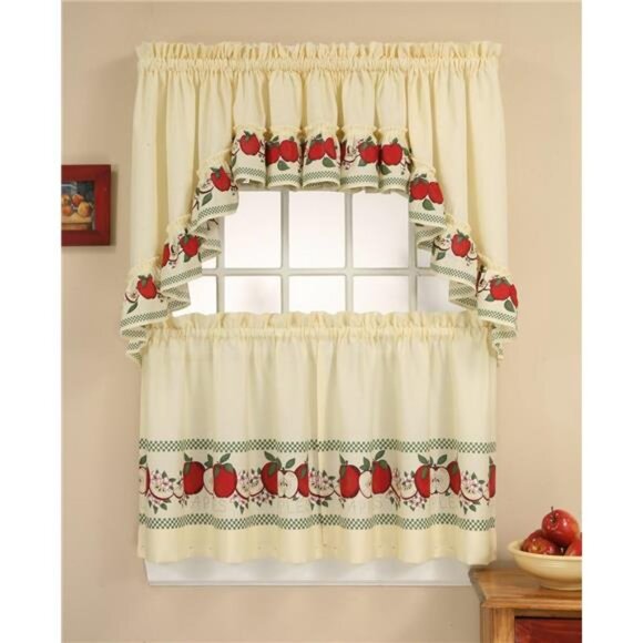 Red Delicious Country Apples 3Piece Window Curtain TierSet,Ivory,56-InchX24-Inch - Picture 1 of 7